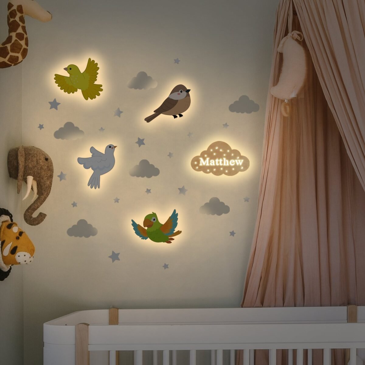 Personalized Wooden Baby's Room Wall Light Set – Sky Animal Theme #54981 - Image 1
