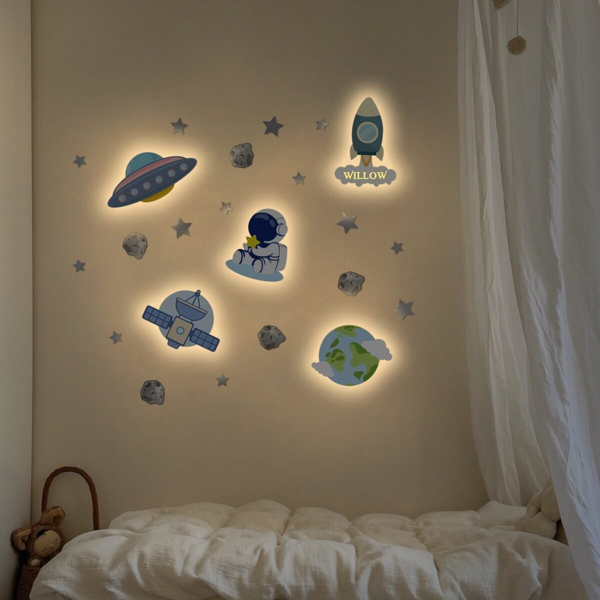 LZ23PPD01_LZ23PPD02_LZ23PPD03_LZ23PPD04_LZ23PPD05_LZ23PPD06_107 Personalized Wooden Baby's Room Wall Light Set – Space Theme #55136 - Image 1