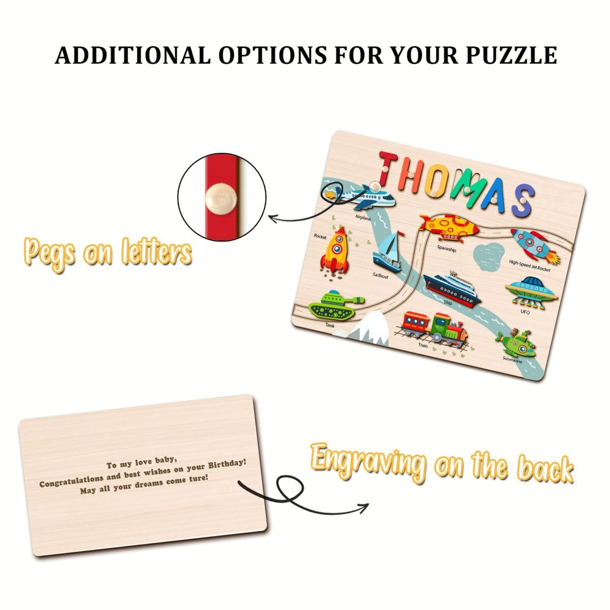 Personalized Wooden Name Puzzle - Vehicle Learning Toy for Toddlers #54908 - Image 7