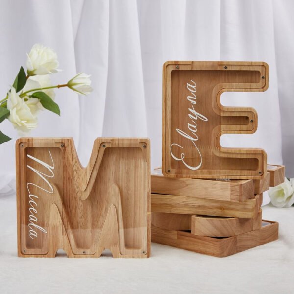 Personalized Wooden Letter Piggy Bank For Kids – Style D