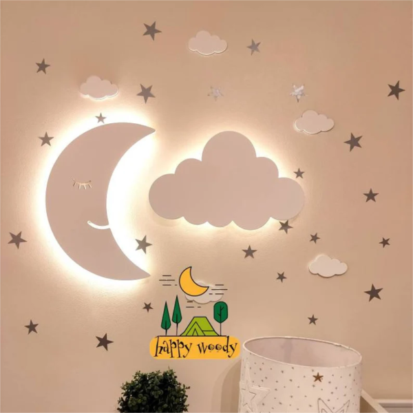 Personalized Wooden Baby's Room Wall Light – Moon & Cloud Theme #55817