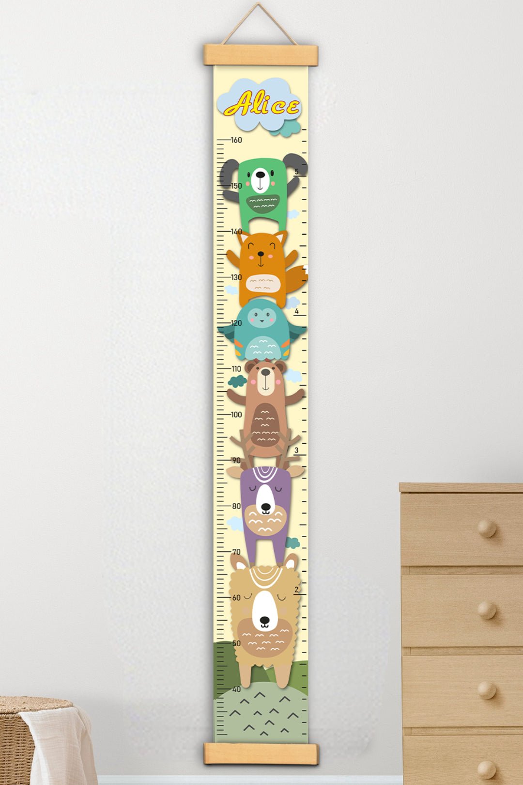 May_include__A_wooden_moose-shaped_growth_chart_with_a_ruler_on_the_side._The_moose_is Unique Children's Gift - Stacked Animal Growth Canvas Chart #54840 - Image 1