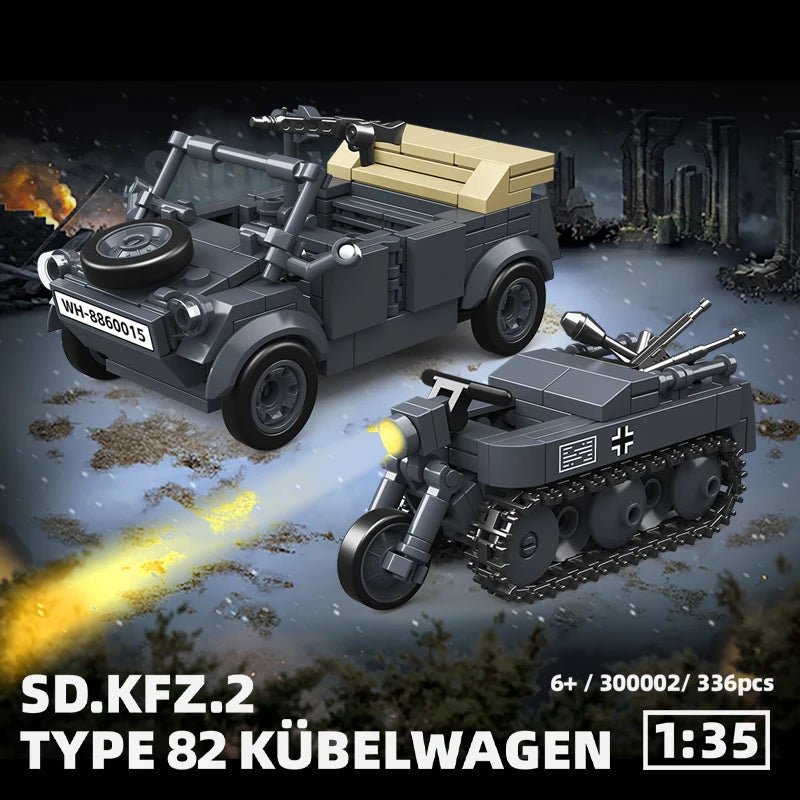 World War II half-track motorcycle VW82 bucket truck German off-road truck assembly model building blocks boy toy car gift image Remote Control Vehicle Set Compatible with Lego Educational DIY Toy (57) - Image 1