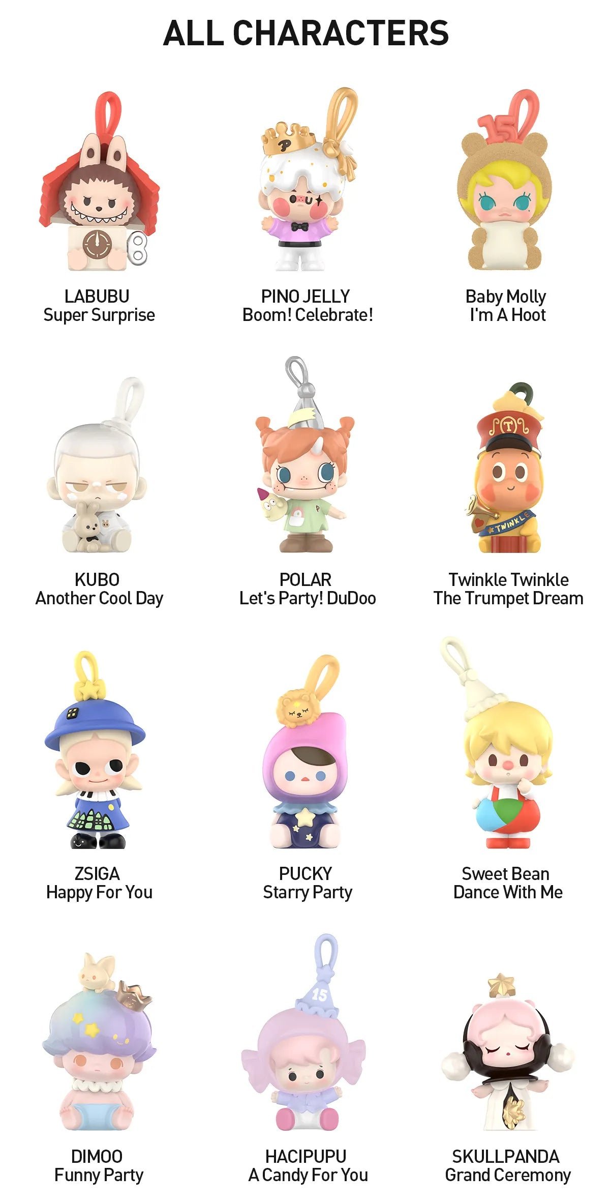 POPMART,Labubu,Babythree,CryingBaby,DIMOO,MOLLY,The Monsters,Skullpanda,Mokoko,zimomo,Sonny Angel,Sanrio ,disney,miniso,Pokemon,Liila cat,Blind Box